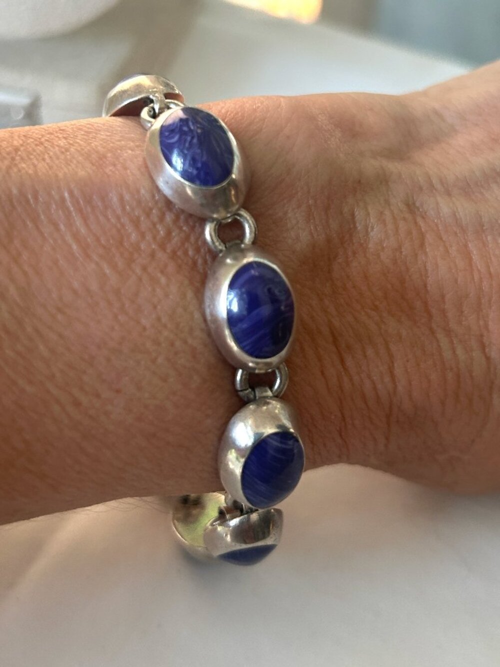 Vintage Lapis Lazuli Bracelet Oval Link Sterling Silver Taxco 7.5" L